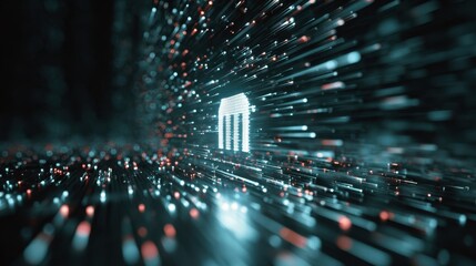 Poster - A luminous bank symbol hovers over a matrix of pulsating data streams encapsulating the dynamic relationship between digital finance and technology in todays interconnected world.