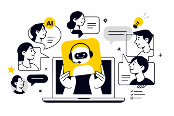Poster - AI Chatbot Customer Support and Virtual Assistant Concept with Happy Customers and a Laptop Yellow and Black Illustration