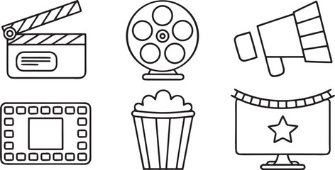 Fototapete - Movie Themed Icons, cinema ticket, director chair, popcorn, camera, award, film strip, screen, black outline illustrations for media and video design