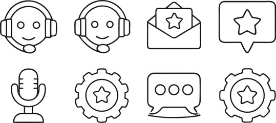 Poster - Customer Support Icons, headset, chat bubble, FAQ, rating, feedback, email, agent, editable black line vector for support, communication, helpdesk design