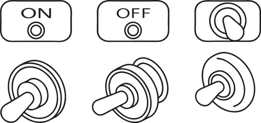Poster - Toggle Switch Icons, ON OFF buttons, flat design with red, green, grey, white colors, clean UI symbols for app interface, settings, tech dashboard
