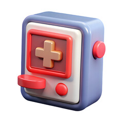 Poster - Photo of a 3d rendering of a small blue and red medical plus sign gadget isolated on transparent background