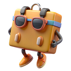 Poster - Photo of a cheerful orange cartoon suitcase wearing sunglasses, isolated on transparent background