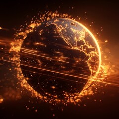 Poster - Futuristic Digital Earth with Glowing Data Particles and Golden Light Trails