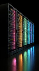 Poster - Artistic representation of a server rack illuminated by a spectrum of lights in a dark room emphasizing the complexity of data management and the unseen power of technology.