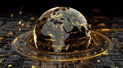 Poster - Digital Earth in Futuristic Circuit Board Environment with Glowing Gold Data
