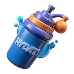 Poster - Photo of a playful blue plastic water bottle with the word hydate, isolated on transparent background, perfect for summer hydration