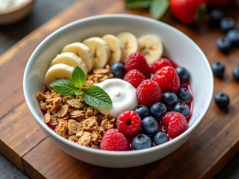 Healthy breakfast bowl with granola, berries, banana, and yogurt in a white ceramic bowl. Flat lay on wood table with soft natural light. Ideal for wellness, diet, and lifestyle content.


