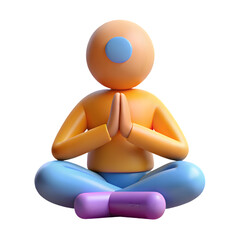 Poster - Photo of an orange cartoon figure in a yoga meditation pose with a purple cushion isolated on transparent background