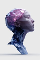 Poster - A woman's head is made of ice and has a brain inside. The brain is glowing and surrounded by a purple aura. Concept of mystery and wonder, as well as the idea of the human brain being a complex