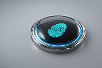 Poster - A blue and silver button with a fingerprint on it. The fingerprint is the only thing visible on the button