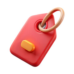Poster - Photo of a red tag with a brown ring and an orange button, isolated on transparent background
