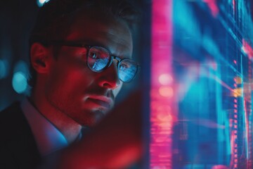 Man with glasses looking at a screen with colorful digital data and graphics.