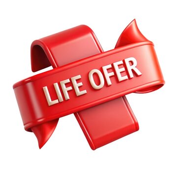 Red ribbon with life offer text isolated on white background