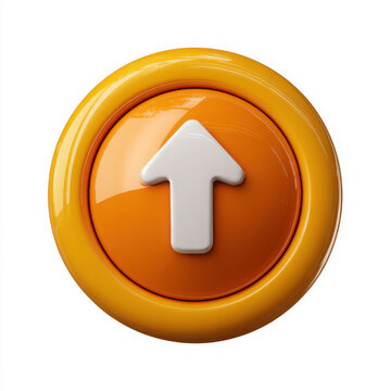A glossy orange circle button with a white upward arrow, isolated on white background