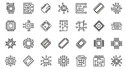 Poster - Monochrome Outline Digital Component Circuit Board Processor Vector Icon Set for Technology Hardware and Computing Engineering Designs
