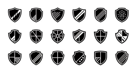 Poster - Comprehensive collection of black line shield vector icons representing robust digital and physical protection defense and security emblems for modern web UI UX design