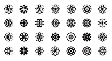 Poster - Comprehensive collection of mechanical gear and cogwheel icons vector set perfect for engineering technology industry and digital design interface element graphics representing