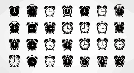Fototapete - Vector icon set diverse black silhouette alarm clocks for time schedules deadlines reminders wake up punctuality minimal isolated clean graphic elements web application interface