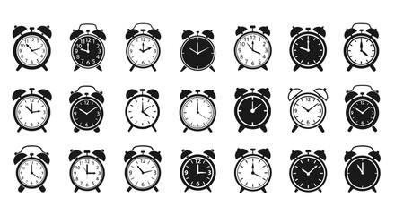Fototapete - Comprehensive collection of various black alarm clock icons illustrating different styles and designs perfect for timekeeping concepts and scheduling graphics vector glyph