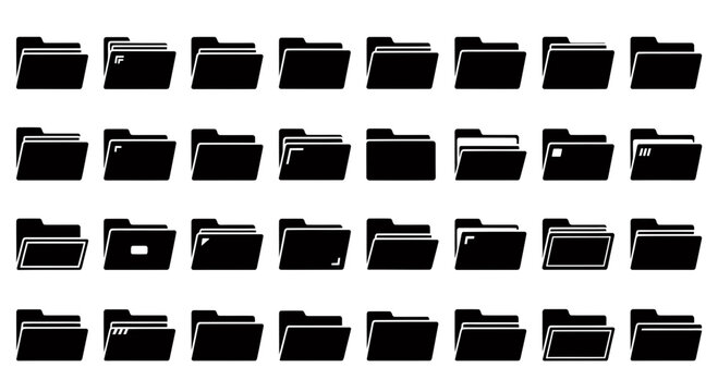 Black folder icons collection set various states digital data management interface symbols graphic resources file organization document representation pictograms vector elements