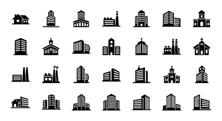 Poster - Large Comprehensive Set of Professional Vector Icons Showcasing Diverse Buildings Architecture City Urban Real Estate Industry Religious Structures Pictograms Glyphs Symbols