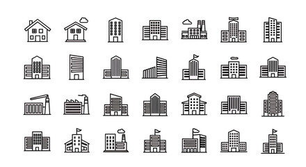 Poster - Essential Urban Building Icon Set Featuring Diverse Architectural Designs Simple Line Art for Residential Commercial and Industrial Structures Cityscape Elements Graphic Design
