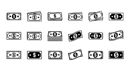 Poster - Modern financial icon set collection showing various dollar bills cash currency notes stacks payment symbols simple outline solid styles for business economy transaction vector
