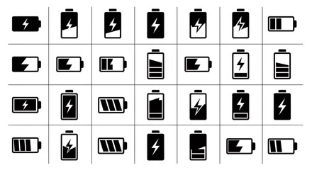Poster - Professional black and white battery charging status level indicator full empty icon set vector graphics essential digital power energy technology UI UX web design app element