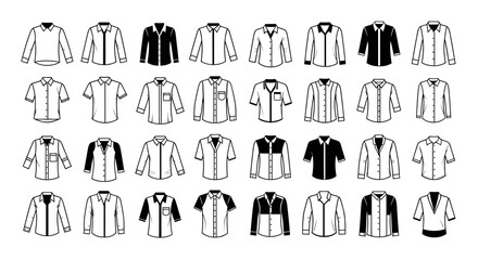 Poster - Extensive fashion shirt apparel clothing garment textile styles collection black white line art vector icon set diverse design elements pictogram symbols graphic illustrations