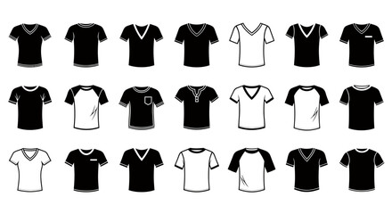 Poster - Extensive set of vector t-shirt silhouette icons featuring diverse apparel styles like crew neck v-neck raglan henley pocket shirt tee fashion garment graphic elements pack icon
