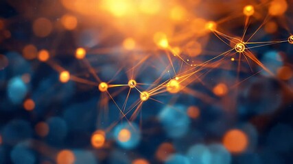 Poster - Abstract network with connected spheres and lines lit by warm orange light against a blurred blue and orange background. Focus on connection and technology.