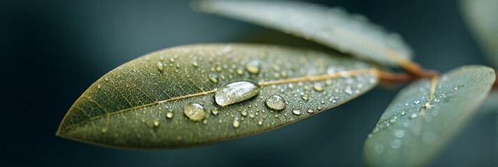 Poster - Sparkling water droplets resting on a vibrant green leaf create a captivating close up, highlighting nature's delicate beauty following a refreshing rain. The scene embodies freshness and life
