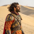 © mrsheikh - Majestic Desert King:  Powerful, Contemplative Portrait of a Warrior in Ornate Roman-Inspired Armor, Golden Accents, Red Robes.