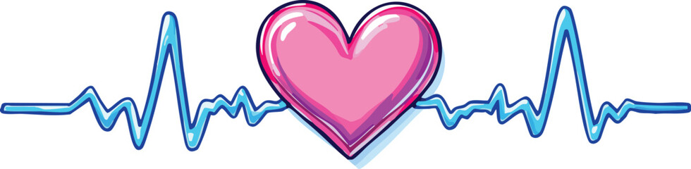 Poster - Pink heart shaped symbol and blue heartbeat wave vector illustration on white background.