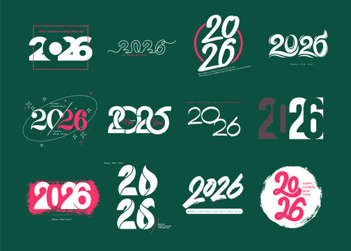 Set of Happy New Year 2026 text design. Set of cover of business diary for 2026 with wishes. Brochure design card, banner. Vector Happy New Year. Stunning graphics and festive Elements.