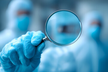 Poster - Scientists using magnifying glass searching for virus in laboratory