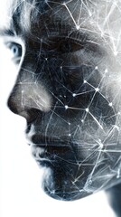 Poster - Artistic rendering of a mans face undergoing facial recognition processing adorned with a dynamic geometric network. The scene encapsulates the blend of human identity and hightech