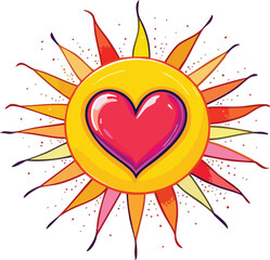 Poster - Colorful illustration of a vibrant sun with a heart representing love and warmth on white.