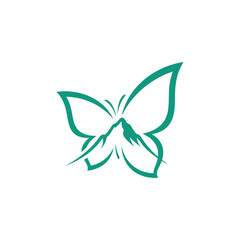 Poster - Teal butterfly logo with mountain range inside the wings and text below on a white background