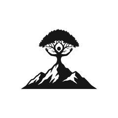 Poster - A black and white logo featuring a tree person on a mountain for a wellness clinic company design