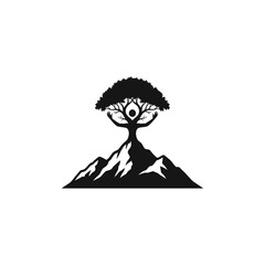 Poster - A black and white logo featuring a tree person on a mountain for a wellness clinic company design