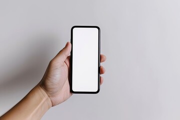 Male Hand Holding a Black Smartphone with Blank Screen Isolated on White Background
