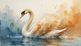 Majestic swan glides gracefully across blue waters in this artistic watercolor painting with splashes of color adding dynamism and movement.
