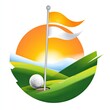 © NATALIEJANE - Golf Sport Logo Flagstick in cup soaring ball trajectory rolling green hills at sunset isolated on white background
