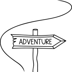 Poster - Adventure road sign with winding path. Rustic wooden arrow points towards exciting journey. Simple line art illustration perfect for travel blogs and adventure tourism marketing.