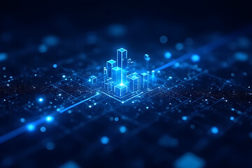 Aufkleber - Abstract digital city illustration with glowing blue structures and network lines on dark background