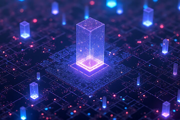Aufkleber - Abstract digital data visualization with glowing cubes and circuit board pattern in blue and purple tones