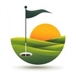 © NATALIEJANE - Golf Sport Logo Flagstick in cup soaring ball trajectory rolling green hills at sunset isolated on white background