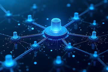 Aufkleber - Abstract digital network illustration with glowing blue nodes connected by lines on a dark background representing data transfer